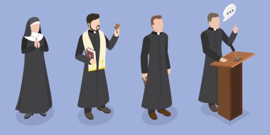 Katolik Hristiyan Personeli, Din ve İnancın 3 boyutlu İsometrik Düz Vektör İllüstrasyonu