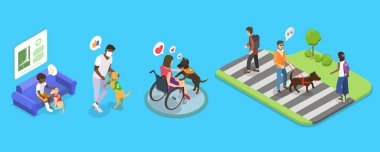 Kılavuz Köpekler için 3B Isometric Düz Vektör İlülasyonu, Görsel Özürlü Kişilere Bağımsızlık ve Destek Sağlanıyor