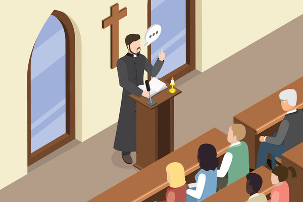 3D Isometric Flat Vector Illustration of Church Priest, Tradition Trust Faith and Orthodox Religion