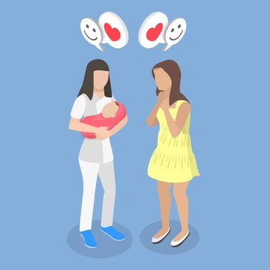 Mutlu Anneliğin 3D Isometric Düz Vektör İllüstrasyonu, Mutlu Anne İlk kez Bebek Bebeği Tutan Hemşireyi İzliyor