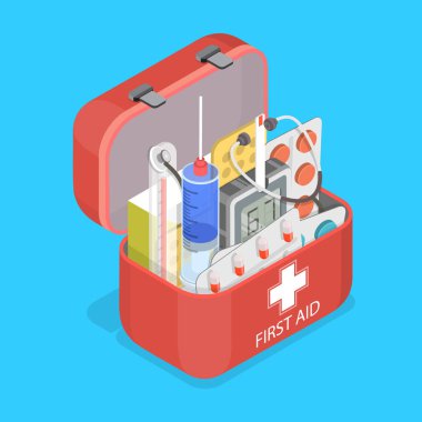 3D Isometric Düz Vektör İllüzyonu, Güvenlik İçin Acil Tıbbi Malzeme