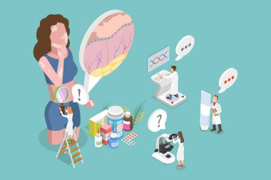 3D Isometric Vitiligo, Teşhis ve Tedavinin Düz Vektör İllüstrasyonu