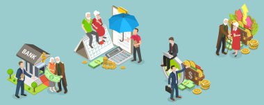 İşçi Emeklilik Fonu 'nun 3D Isometric Flat Vektör İllüstrasyonu, İşçi Tasarrufları