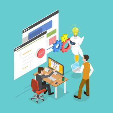 3D Isometric Düz Vektör Programlama İllüstrasyonu, Chatbot Asistanı