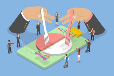 3D Isometric Flat Vector Illustration of Capitalism, Sharing Pie Chart Profits With A Crowd Of People Around clipart