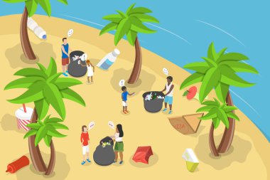 Çevresel Su Kirliliğinin 3D Isometric Düz Vektör İlülasyonu, Gönüllüler Plastik ve Diğer Çöplerden Deniz Kıyısını Temizliyor