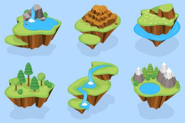 3D Isometric Uçan Adalar 'ın Uçan Adalar' ın Düz Vektör İllüstrasyonu