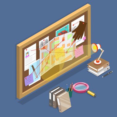3 Boyutlu Isometric Düz Vektör Suç Araştırması, İğne ve Kanıtlarla Dedektiflik Kurulu