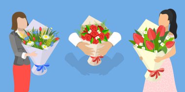 3 Boyutlu Isometric Düz Vektör Romantik Çiçek Hediyeleri, Muhteşem Çiçek Buketleri