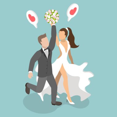 Mutlu Yeni Evli Çiftin 3D Isometric Flat Vektör İllüstrasyonu Aile Evliliklerini Neşe ve Mutlulukla Kutluyor