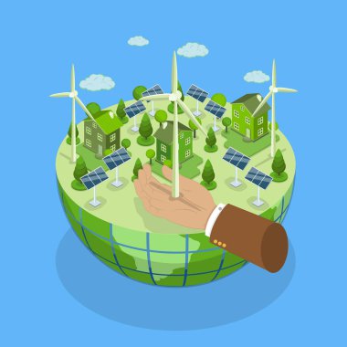 Yenilenebilir Enerjinin 3D Isometric Düz Vektör İlülasyonu, Güneş Panelleri ve Rüzgar Türbinleri ile Yenilenebilir Güç Üretimi
