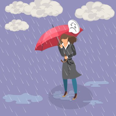 3 Boyutlu Isometric Sert Hava Gösterimi, Hoşnutsuz Genç Kadın Şemsiye altında Yağmur Fırtınası Altında Sığınak Arıyor