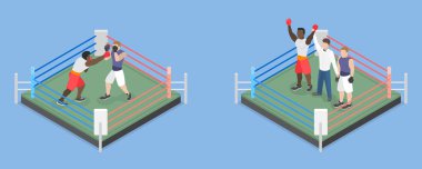 3D Isometric Düz Vektör Boks İnsanları, ringdeki Boksörlerin Sahneleri