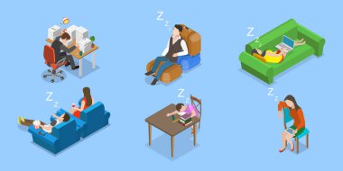 3D Isometric Düz Vektör Yorgun ve Uykulu İnsanlar, Yorgunluk ve Uykusuzluk