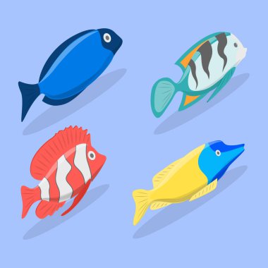 Tropikal Balık Koleksiyonu, Akvaryum Su altı Yaratıklarının 3B Isometric Düz Vektör İllüstrasyonu