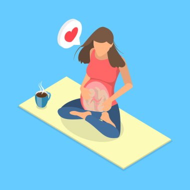 3 Boyutlu Isometric Düz Vektör Hamilelik ve Sağlık, Bekleyen Anne Nilüfer Pozu