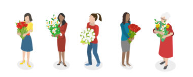 3 Boyutlu Isometric Düz Buketler, Mutlu Çiçek Tutan Kadınlar