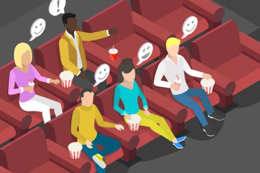 3D Isometric Flat Vector Illustration of Watching Movie, Happy People Enjoying Movie At Cinema With Popcorn clipart