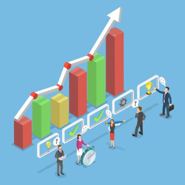 Etkili Zaman Çizelgesi Yönetiminin 3B Isometric Düz Vektör İllüstrasyonu, İş Projeleri ve Hedefleri İzleyicisi