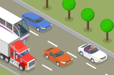 3B Isometric Düz Vektör Trafik İllüstrasyonu, Trafik Yoğun Otoyol Kavşağı Hava Görünümü