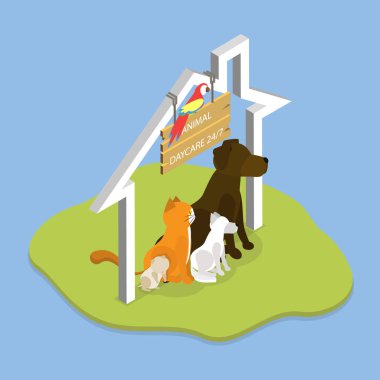 3D Isometric Flat Vektör Ev Hayvanları Bakım Evi, Tüylü Arkadaşlar İçin Hizmetler