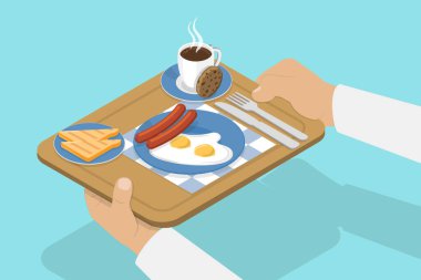 3 Boyutlu Isometric Düz Vektör İllüstrasyon Lezzetli Kahvaltı, Samimi Sabah Saati