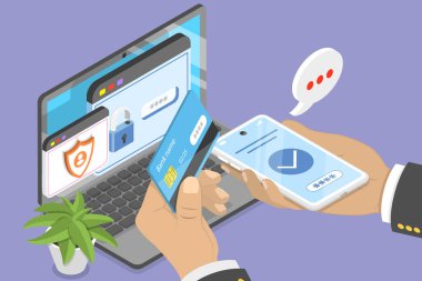 Çevrimiçi Yetkilendirmenin 3B Isometric Düz Vektör İlülasyonu, Kredi Kartıyla Güvenli Ödeme Yapılıyor