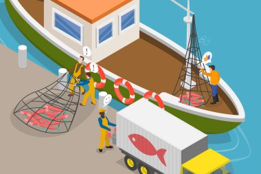 Ticari Balıkçılık Endüstrisinin 3D Isometric Flat Vektör İlülasyonu, Net Balıkçılık Gemisi