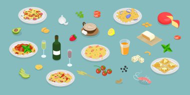 3D Isometric Düz Vektör Makarna ve Şarap Koleksiyonu, İtalyan Mutfağı