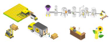 3D Isometric Flat Sebze Yağı Üretimi, Ayçiçeği İşleme Tesisi Kavramsal İllüstrasyonu