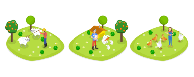 3 Boyutlu Isometric Çiftlik Seti, Çiftçiler Koyunlara, Tavşanlara ve Tavşanlara Bakıyorlar