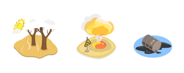 3 Boyutlu Isometric Doğal ve İnsan Sebepli Felaketler, Nükleer Kirlilik, Kuraklık, Kirli Atık
