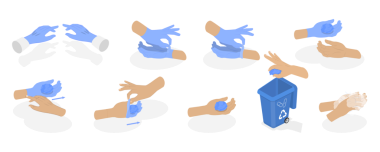 Tek kullanımlık eldivenlerin nasıl kaldırılacağına dair 3 boyutlu Isometric Düz Kavramsal Görüntü