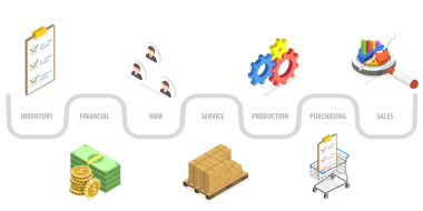 ERP, Enterprise Resource Planlama Yapısı ve Çalışma Akımı 'nın 3B Isometric Flat Conceptual Illulation