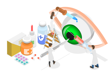 Katarakt Cerrahisi, Oftalmoloji veya Göz Tedavisinin 3 Boyutlu İzometrik Düz Kavramsal İllüstrasyonu