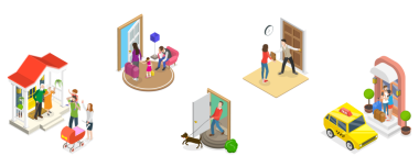 3D Isometric Flat Kavramsal Resimde Evi Terk Eden İnsanlar, Ev Basamağı 'nda Elveda