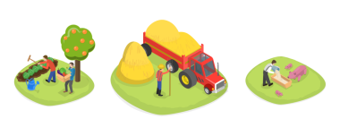 3D Isometric Flat Tarım İşleri, Çiftlik İşçisi ve Çiftlik Hayvanları