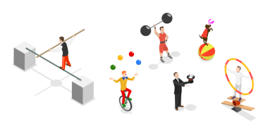 3 Boyutlu Isometric Sirk Karakterleri, Palyaço, Güçlü Adam, Akrobatlar, Eğitimli Hayvanlar, Hooper, Hokkabazlık Yapan Tekerlekçi