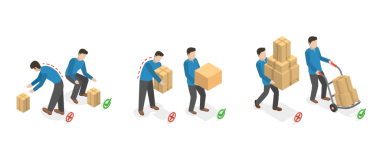 3B Isometric Flat Ağır Malların Nasıl Taşınacağının Kavramsal İllüstrasyonu, Güvenli ve Yanlış Ağırlık Kaldırma
