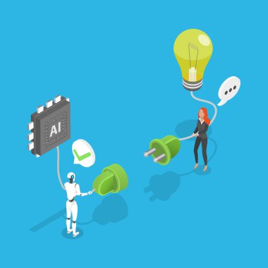 Yapay Zeka, Makine Öğrenimi, Sinirsel Ağ 'ın 3B Isometric Düz Vektör İlülasyonu