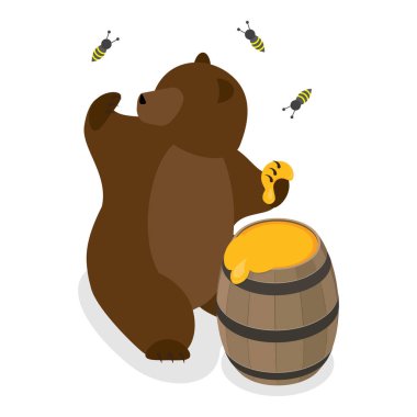 Ayı Yeme Balı 'nın 3 boyutlu Isometric Düz Vektör İllüstrasyonu, Patideki Yapışkan Nektar. Madde 1