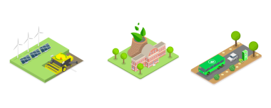 Sürdürülebilir Yaşam Tarzının 3D Isometric Flat İllüstrasyonu, Yeşil Elektrik, Gıda Üretimi ve Ulaşım