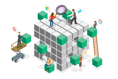 OLAP 'in 3B Isometric Düz Kavramsal İllüstrasyonu, Veritabanları ve Veri Madenciliği için Çoklu Boyutsal Yaklaşım