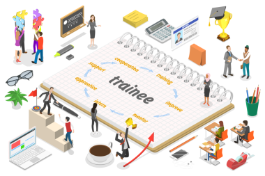 Kişisel Potansiyel İlerleme Olarak Stajyer, Danışmanlık ve Koçluğun 3B Isometric Flat Illustration of Stajyer