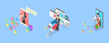 İnternet Pazarlama, Çevrimiçi Reklam Kampanyası 3B Isometric Düz Vektör İllüstrasyonu