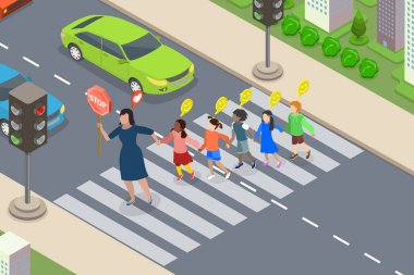 Yaya geçidinde çocukların 3D Isometric Düz Vektör İlülasyonu, Öğretmen yaya geçidinde çocuklara güvenli bir şekilde öncülük ediyor