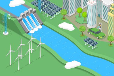 3D Isometric Düz Vektör İllüstrasyon: Sürdürülebilir Enerji Üretimi, Modern Enerji Teknolojileri için Sürdürülebilir Kaynaklar