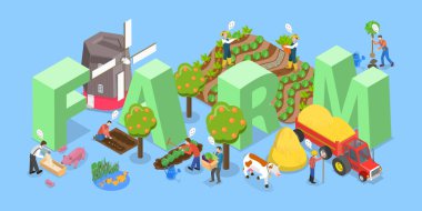 3D Isometric Düz Vektör Çiftlik İllüstrasyonu, Çiftlik Sahneleri Koleksiyonu