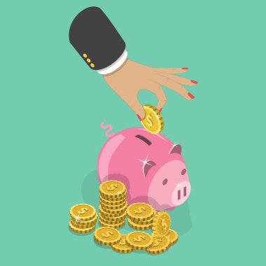 3 Boyutlu Isometric Flat Tasarruf Yapılandırması, Piggy Bank 'a Bozuk Para Yatıran Kişi