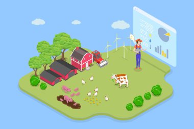 Toplum için yiyecek sağlamak için akıllı çiftçilik, tarım arazisi yetiştirmenin 3D Isometric Flat Vektör İlülasyonu